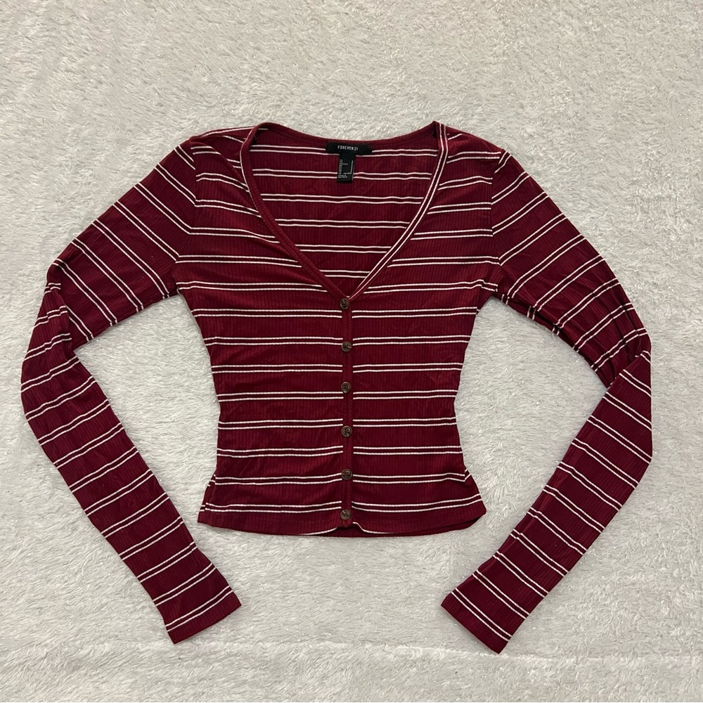 Striped Burgundy Button-Up Top